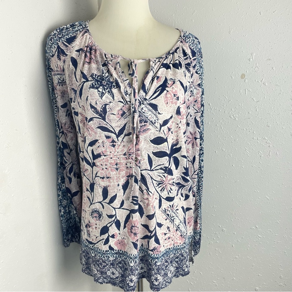Lucky Brand Pink Blue Floral Peasant Top